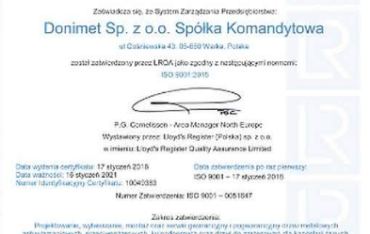 Certyfikat Zarządzania Jakością ISO 9001:2015 dla firmy Donimet
