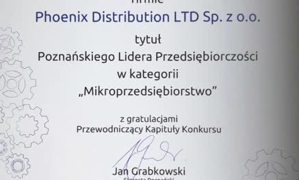 Phoenix Distribution LTD Sp. z o.o. Poznańskim Liderem Przedsiębiorczości jako Mikroprzedsiębiorstwo